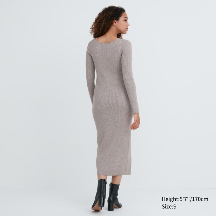 UNIQLO Merino Blend Fitted U Neck Long Sleeved Dress Gray | 97EVRNYKO