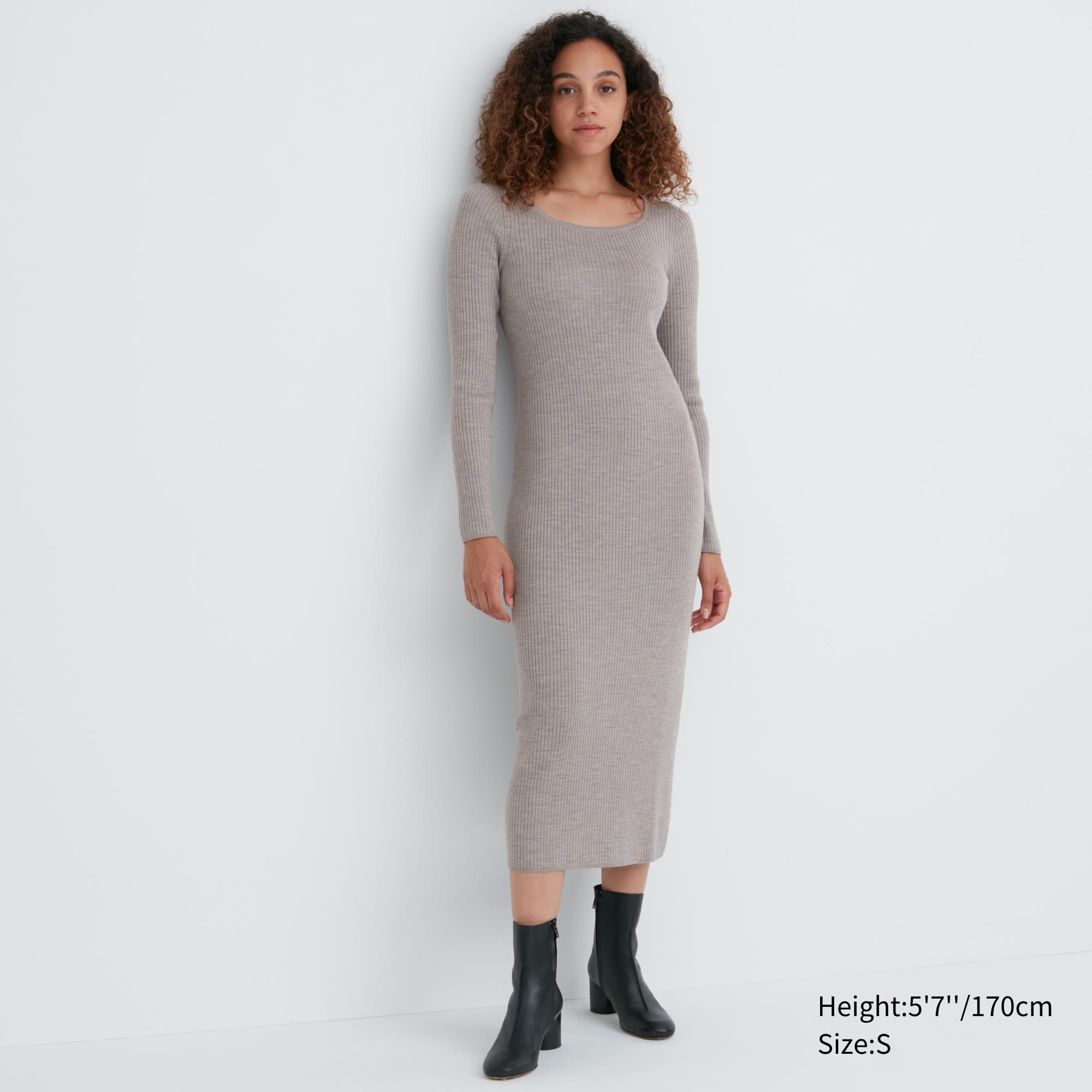 UNIQLO Merino Blend Fitted U Neck Long Sleeved Dress Gray | 97EVRNYKO