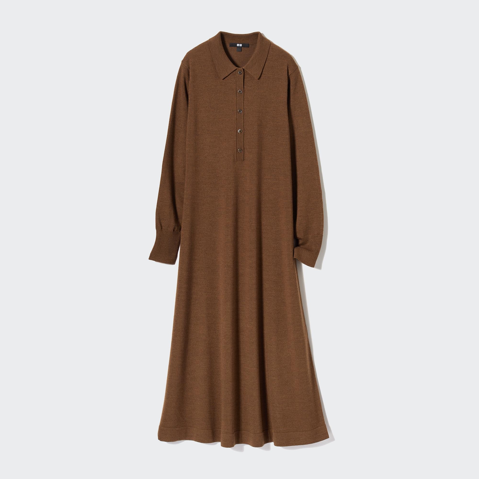 UNIQLO Merino Blend Polo Neck Long Sleeved Dress Brune | 25QCTZBRG