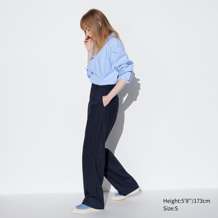 UNIQLO Pleated Wide Leg Striped Trousers Long Marineblå | 32YDNSPFE