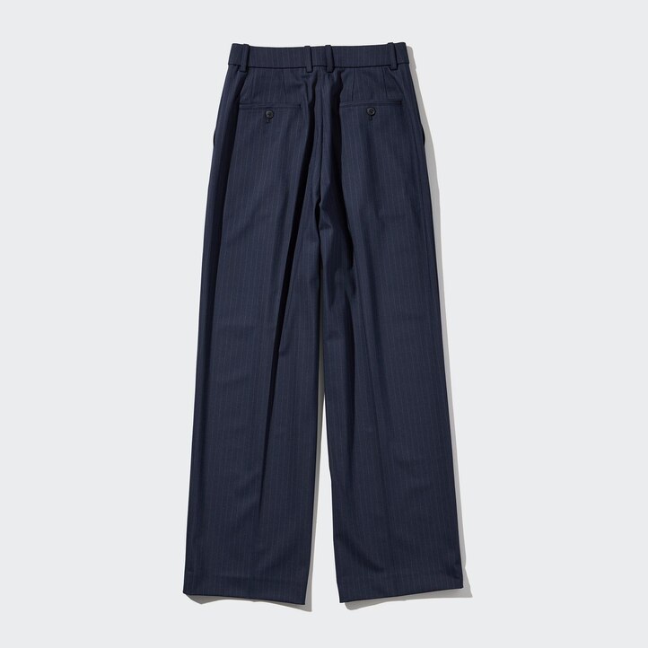 UNIQLO Pleated Wide Leg Striped Trousers Long Marineblå | 32YDNSPFE