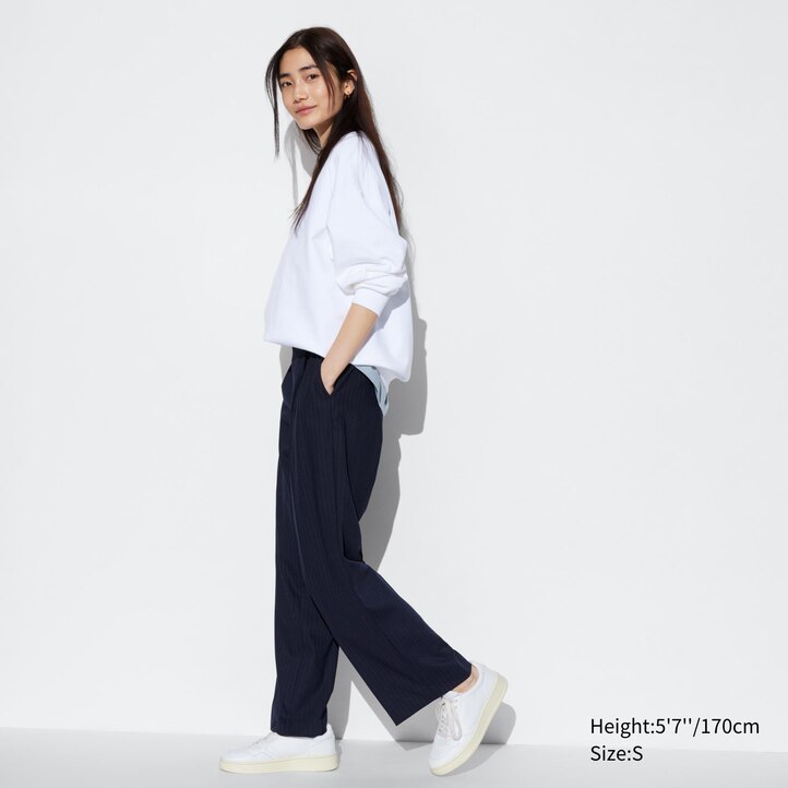 UNIQLO Pleated Wide Leg Striped Trousers Marineblå | 94LGITHKB