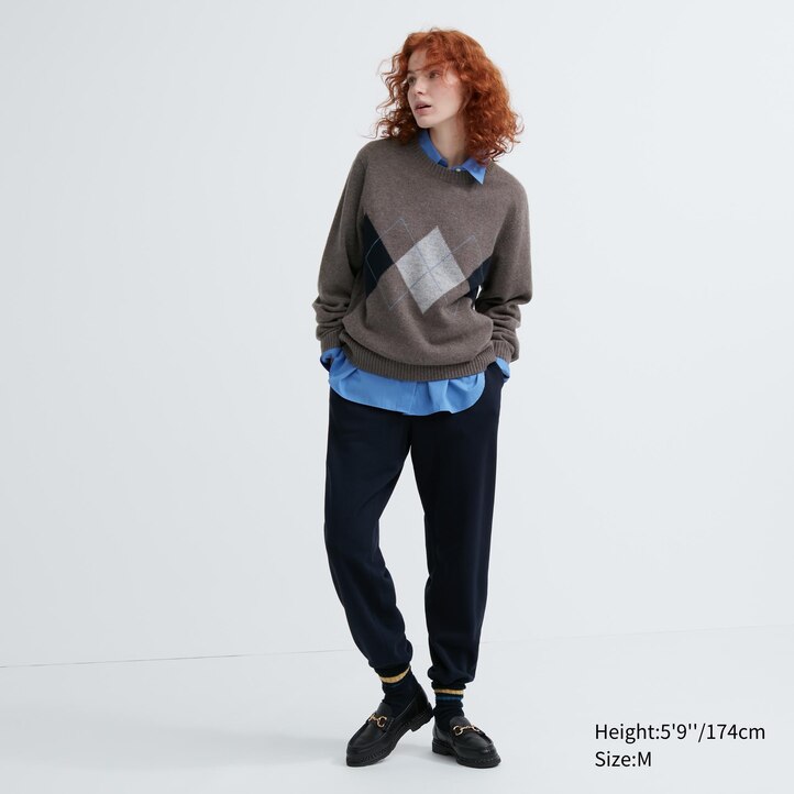 UNIQLO Premium Lambswool Argyle Crew Neck Jumper Marineblå | 32JPICOEF