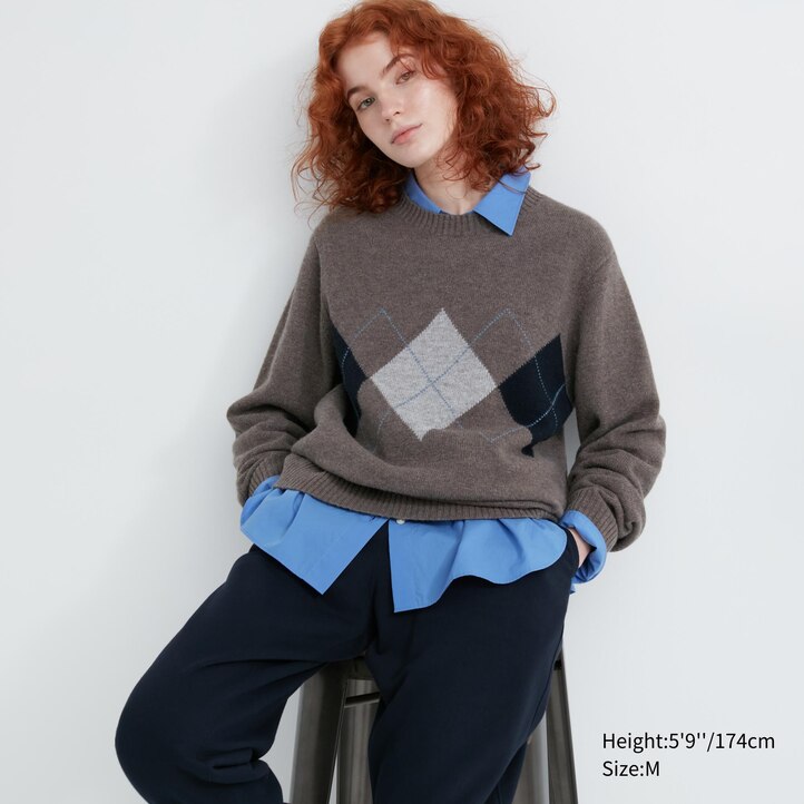 UNIQLO Premium Lambswool Argyle Crew Neck Jumper Marineblå | 32JPICOEF