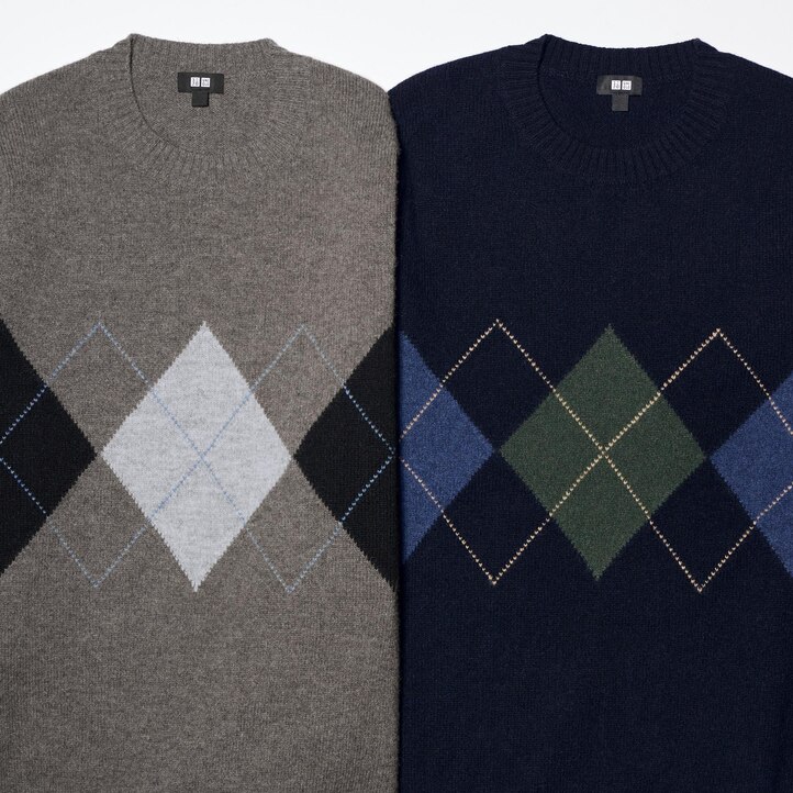 UNIQLO Premium Lambswool Argyle Crew Neck Jumper Marineblå | 32JPICOEF