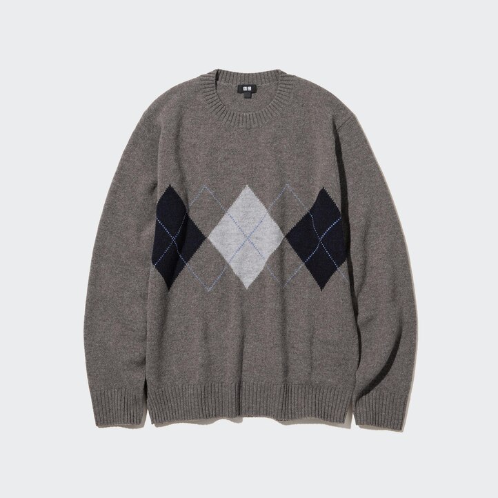 UNIQLO Premium Lambswool Argyle Crew Neck Jumper Marineblå | 32JPICOEF