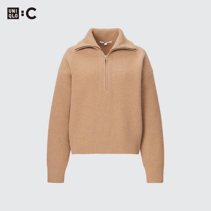 UNIQLO Premium Lambswool Half Zipped Jumper Beige | 36BTDJXNE