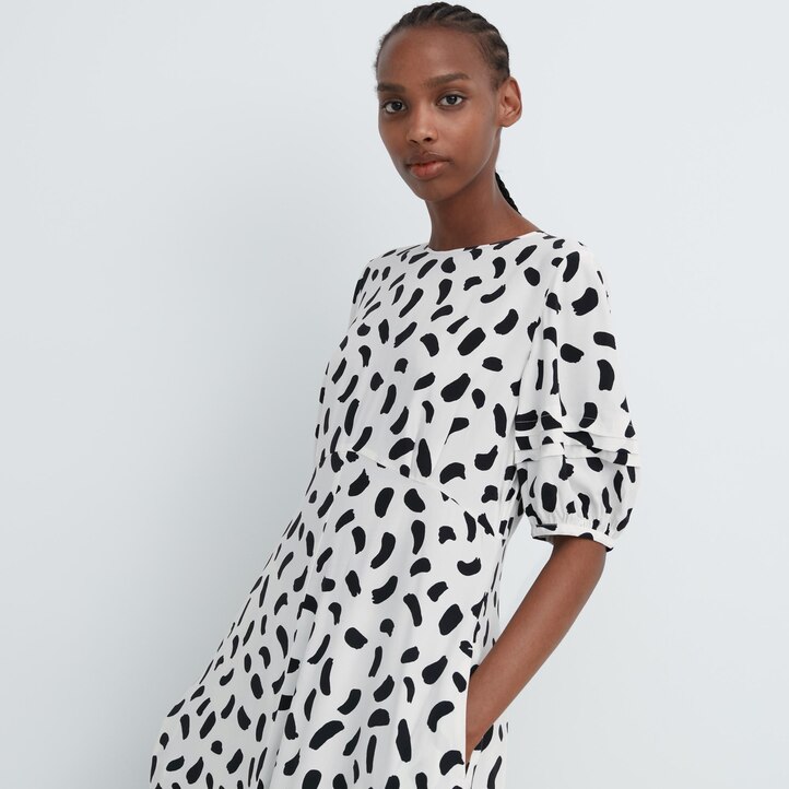 UNIQLO Printed Balloon Sleeved Dress Hvite | 70GYNEIFJ