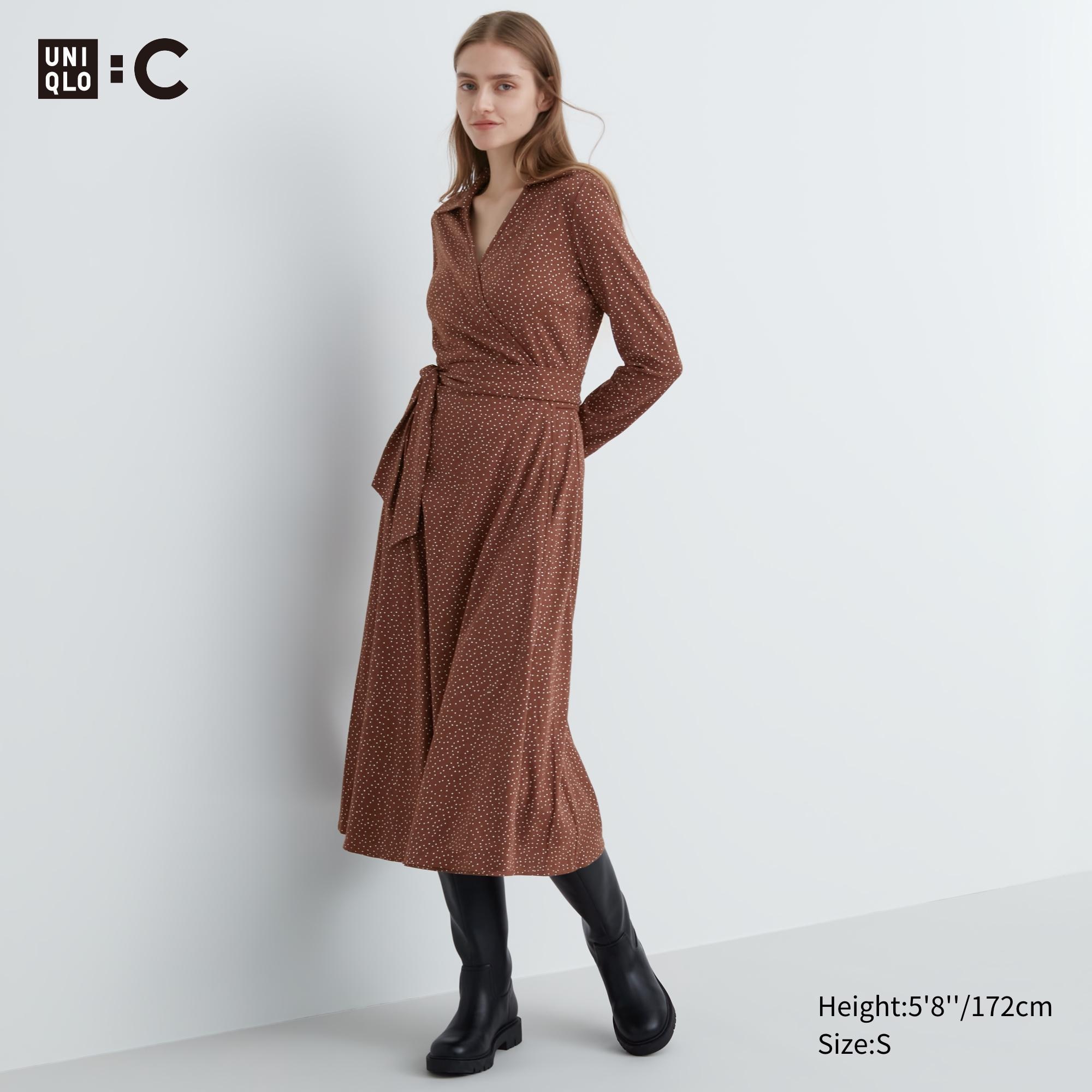 UNIQLO Printed Long Sleeved Wrap Dress Brune | 63OSUKGDQ