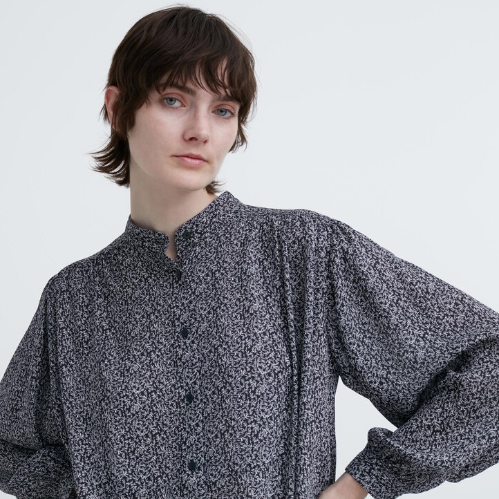 UNIQLO Printed Volume Blouse Blå | 64FCQNIGK