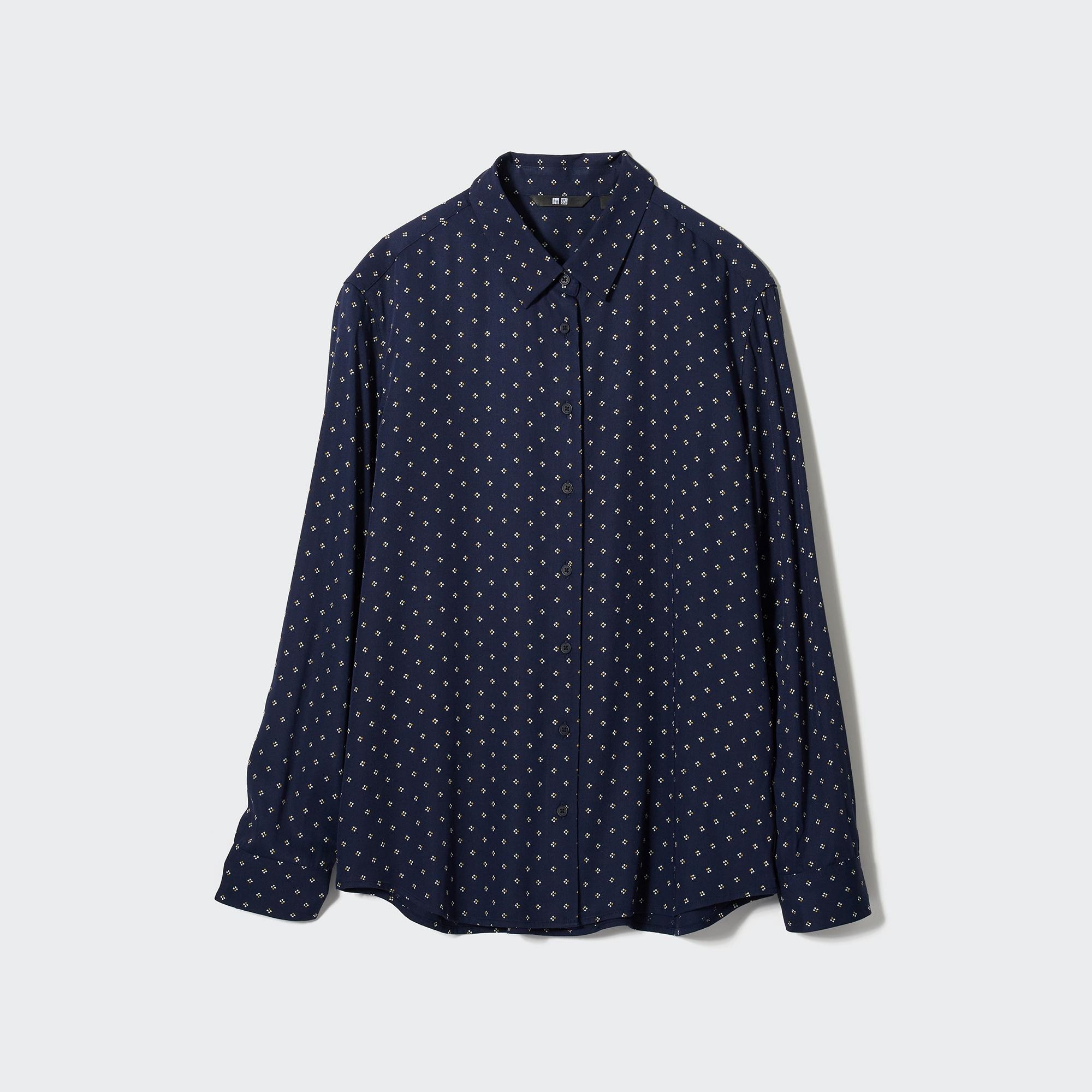 UNIQLO Rayon Printed Long Sleeved Blouse Marineblå | 90LZVYDHT