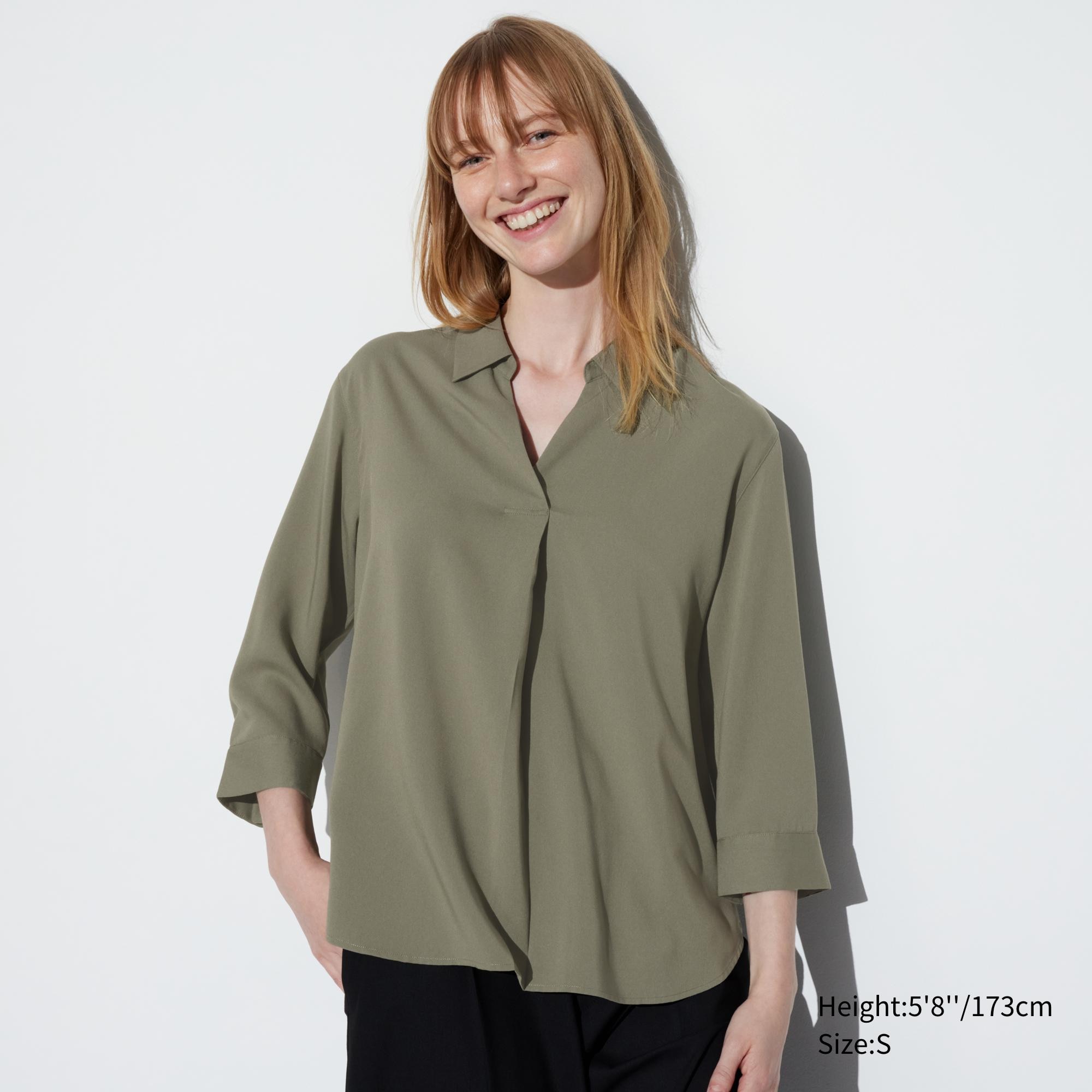 UNIQLO Rayon Skipper Collar 34 Sleeved Blouse Olivengrønne | 21DBKETIO