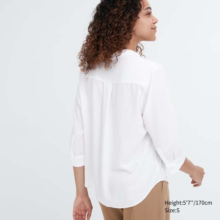 UNIQLO Rayon Skipper Collar 34 Sleeved Blouse Hvite | 16YQXPBZW