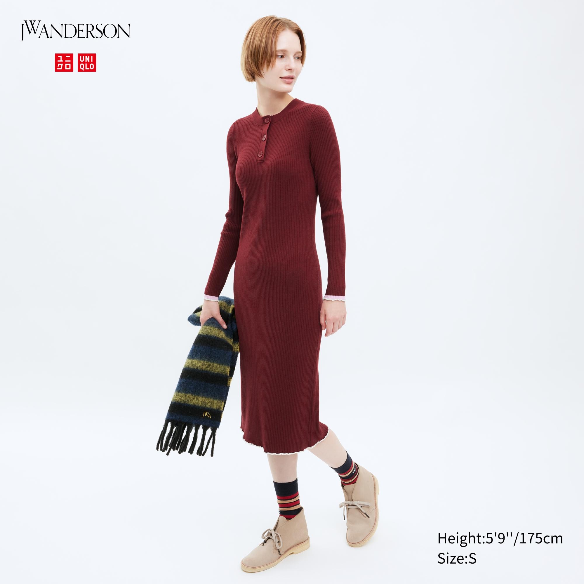 UNIQLO Ribbed Knit Long Sleeved Dress Rød | 34CLJKMYF