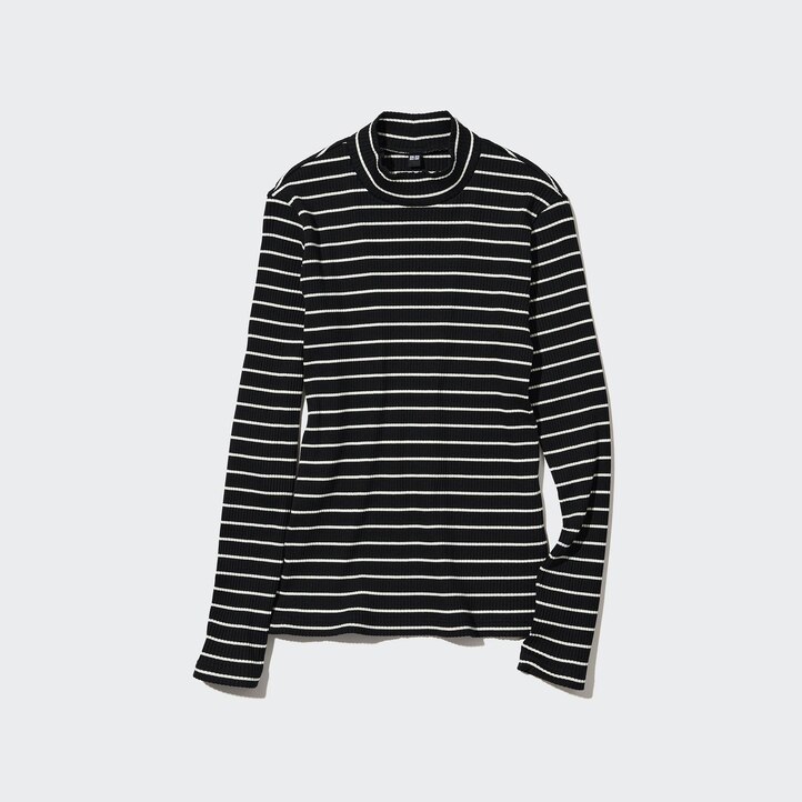 UNIQLO Ribbed Striped High Neck Long Sleeved T-Shirt Svarte | 19SWEQYLA