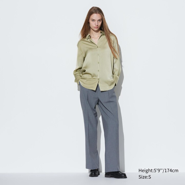 UNIQLO Satin Long Sleeved Blouse Hvite | 13KIZHPRD