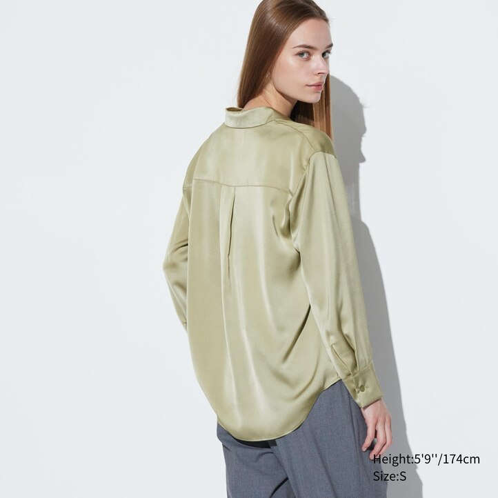 UNIQLO Satin Long Sleeved Blouse Hvite | 13KIZHPRD