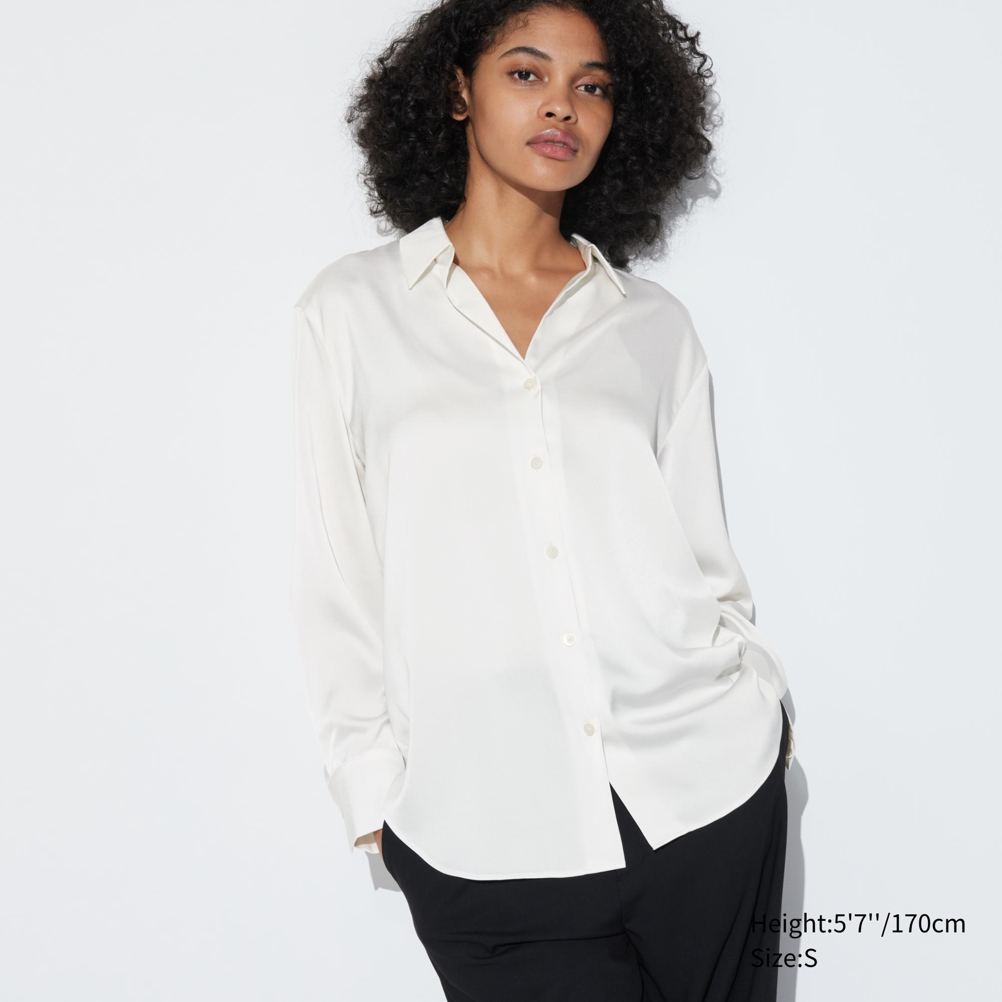 UNIQLO Satin Long Sleeved Blouse Hvite | 13KIZHPRD