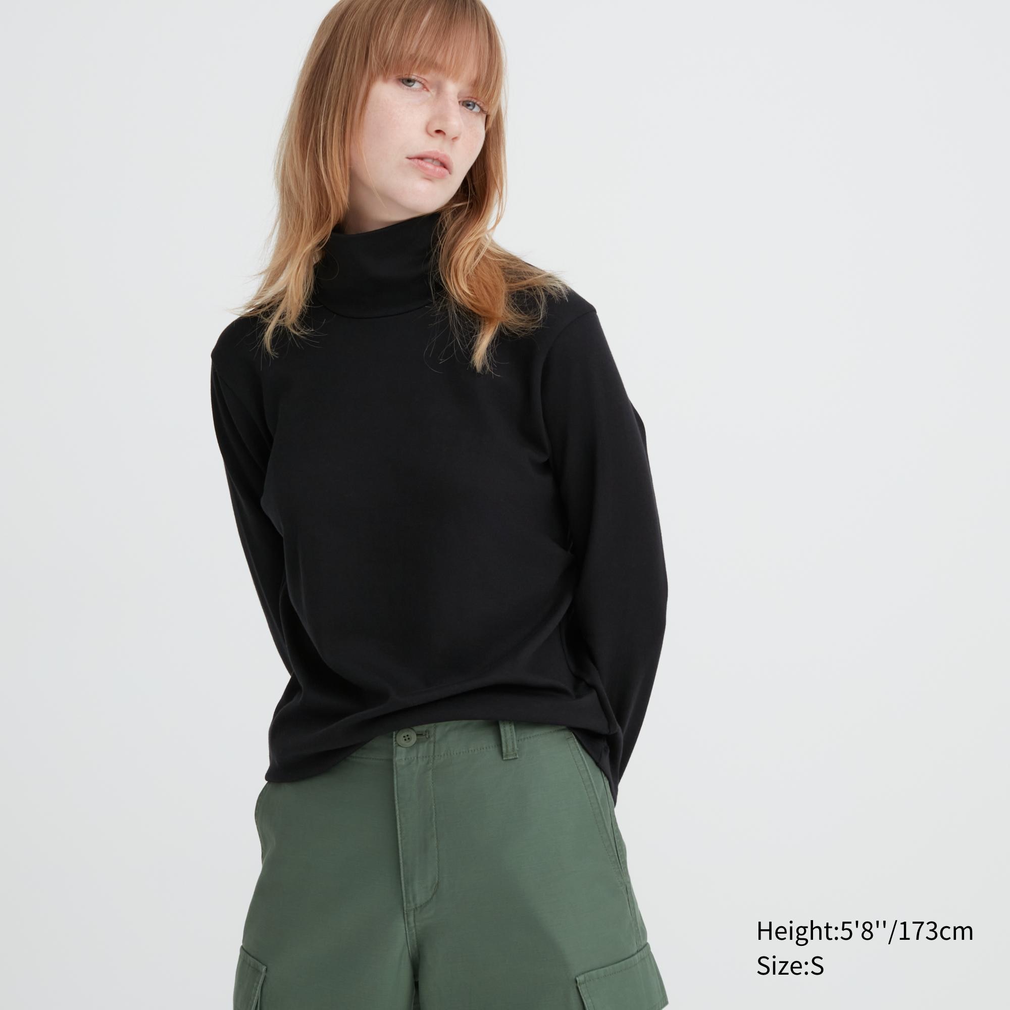 UNIQLO Smooth Cotton Stretch Turtleneck Long Sleeved Top Svarte | 63IPDQYZF