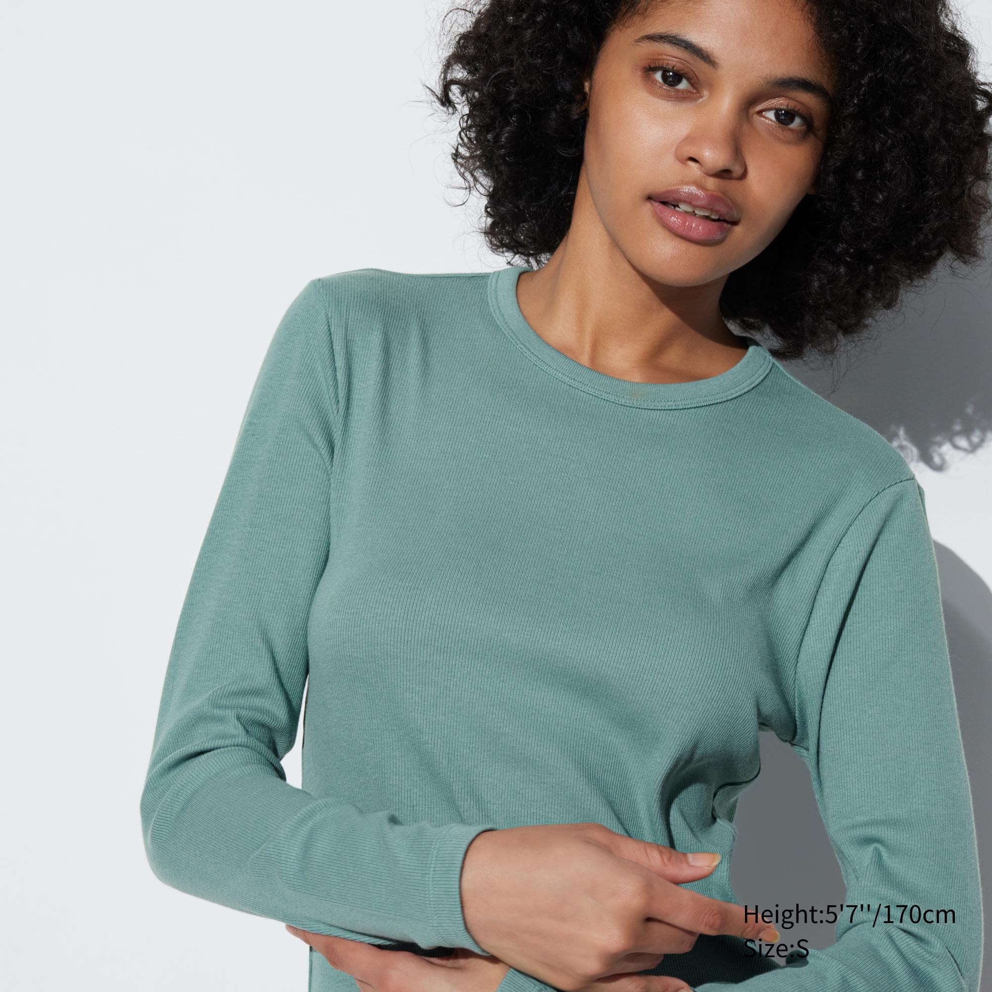 UNIQLO Soft Ribbed Fitted Crew Neck Long Sleeved T-Shirt Grønn | 79IKGXTVA