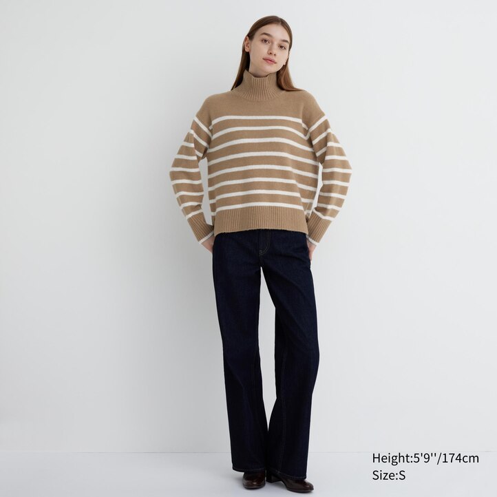 UNIQLO Soufflé Yarn Striped High Neck Jumper Beige | 21MEFUKSP