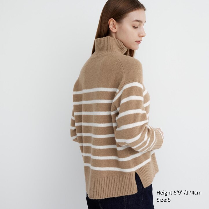 UNIQLO Soufflé Yarn Striped High Neck Jumper Beige | 21MEFUKSP