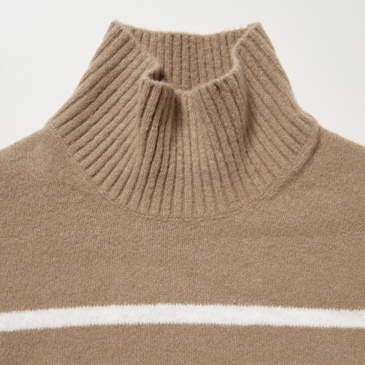 UNIQLO Soufflé Yarn Striped High Neck Jumper Beige | 21MEFUKSP