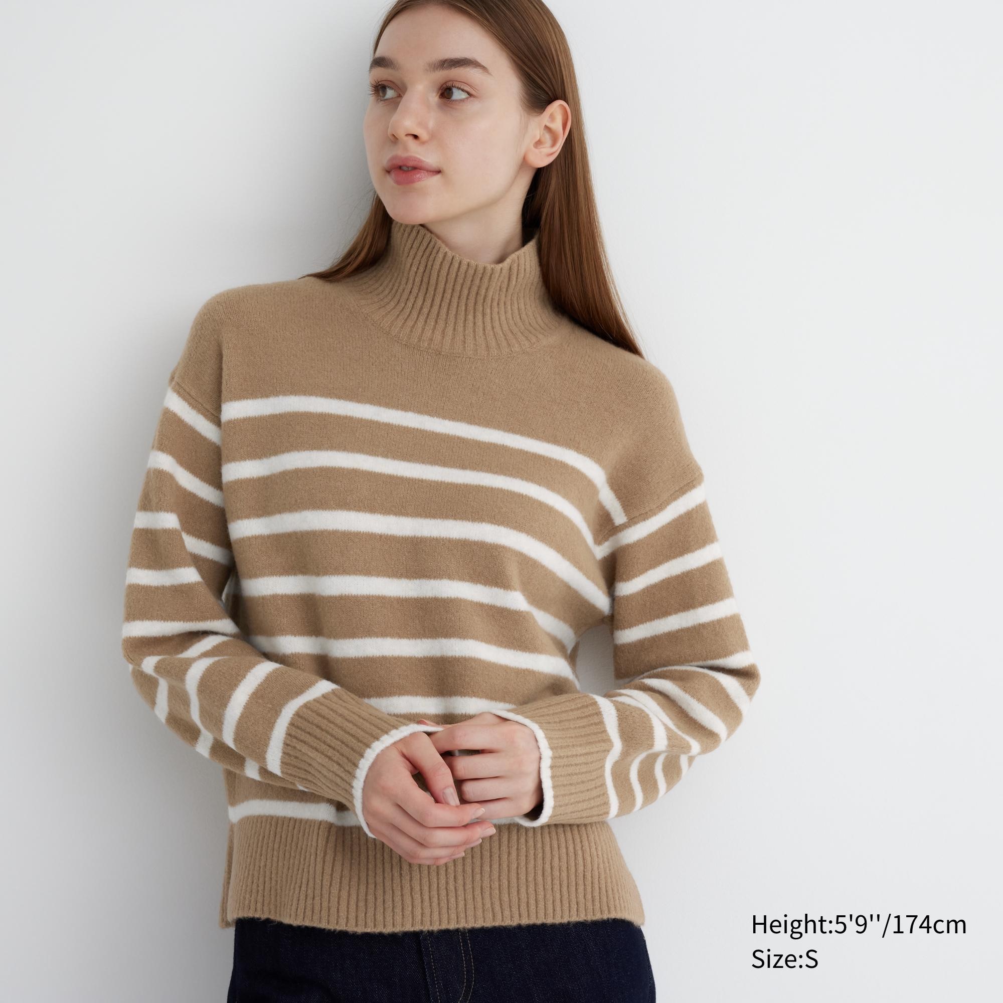 UNIQLO Soufflé Yarn Striped High Neck Jumper Beige | 21MEFUKSP